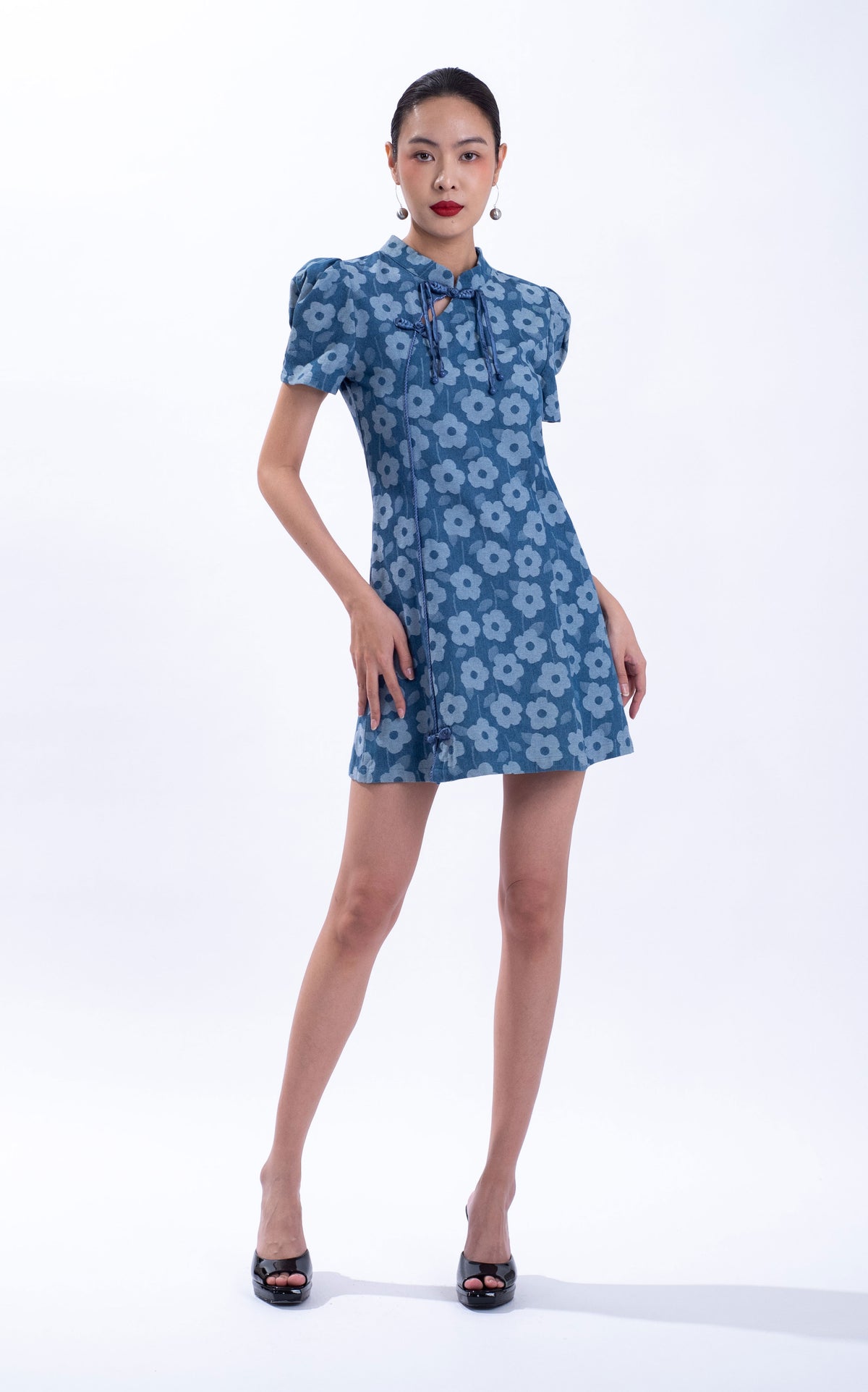 Flower Print Denim Qipao