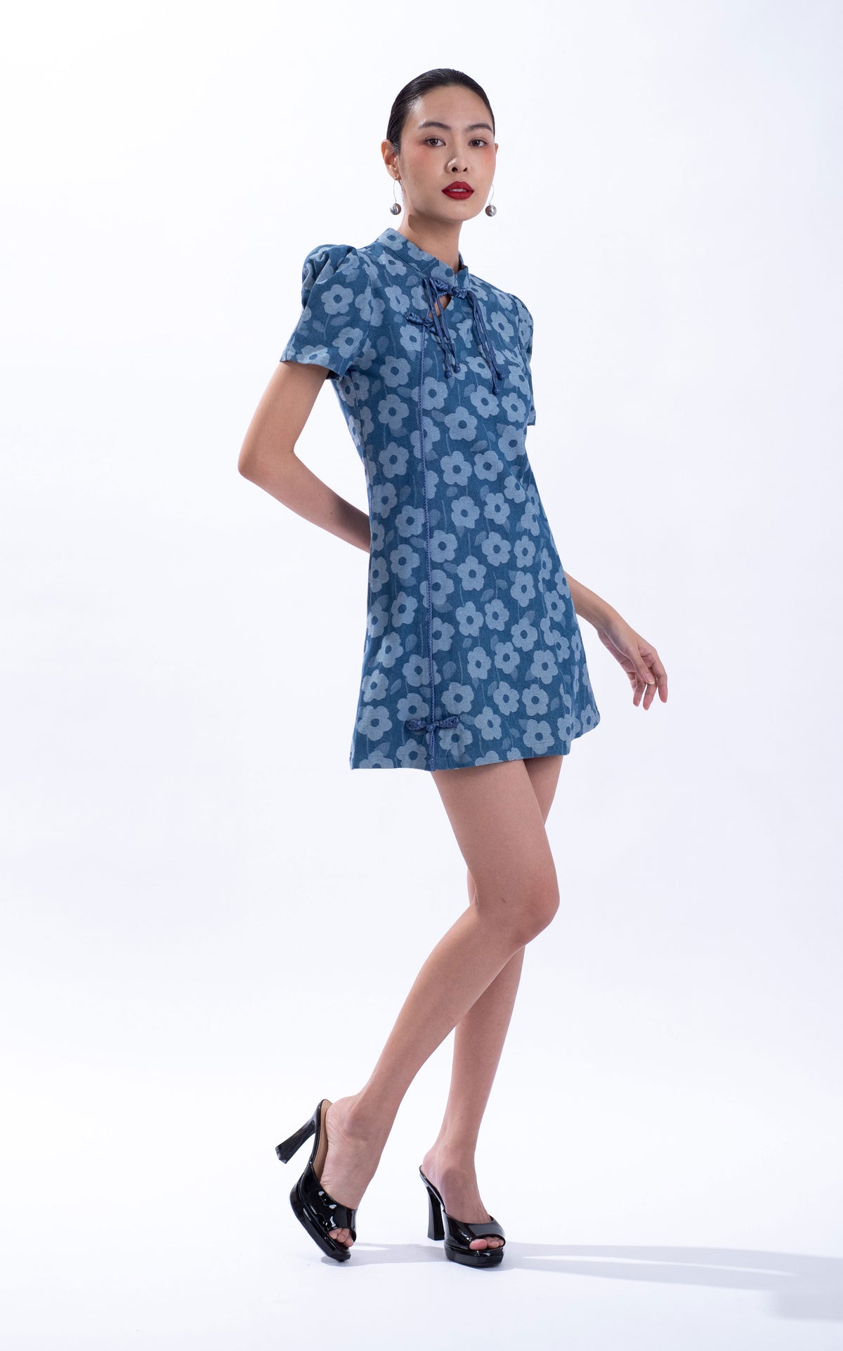 Flower Print Denim Qipao