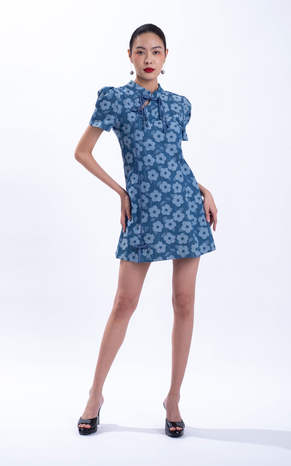 Flower Print Denim Qipao