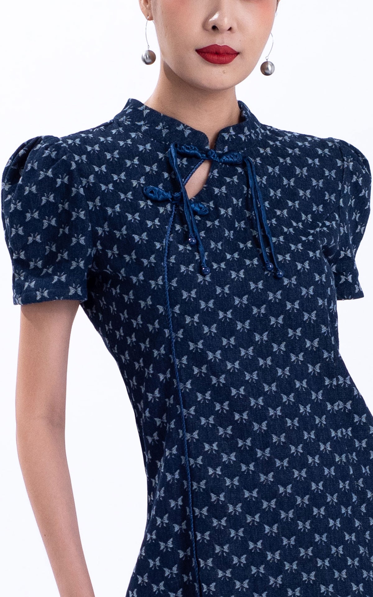 Ribbon Print Denim Qipao