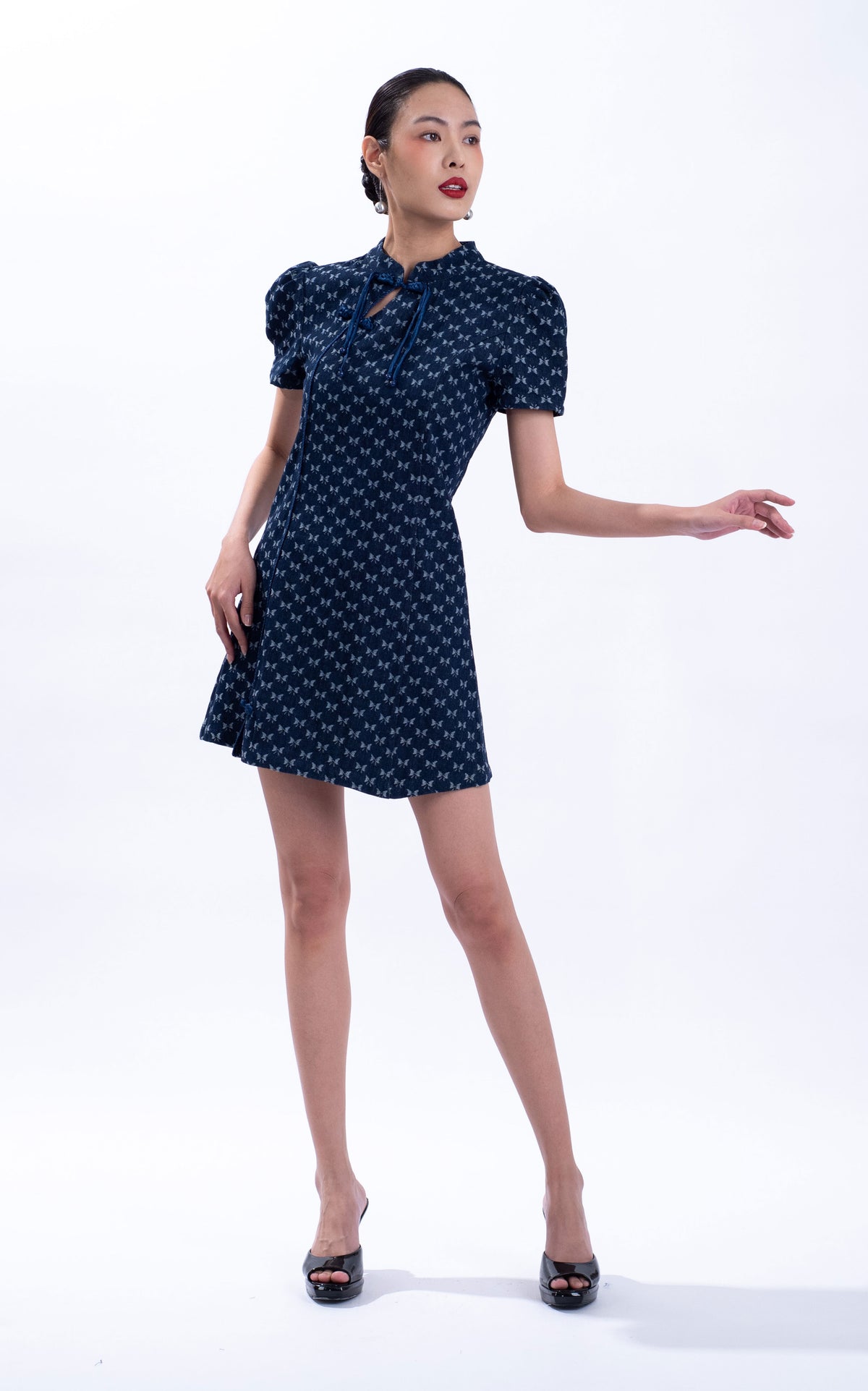 Ribbon Print Denim Qipao