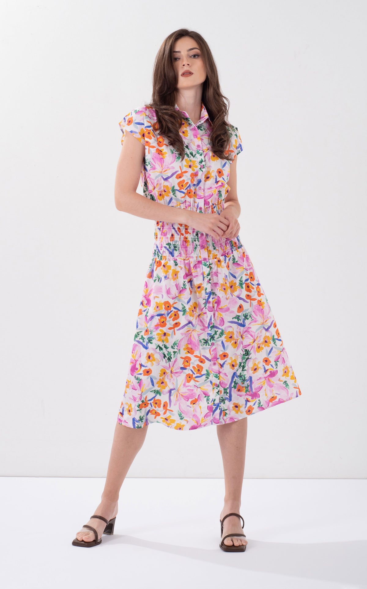 Floral Smocking Waist Cotton Dress