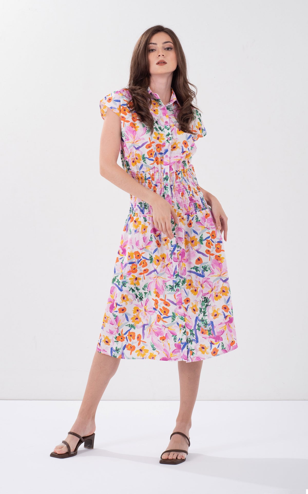 Floral Smocking Waist Cotton Dress