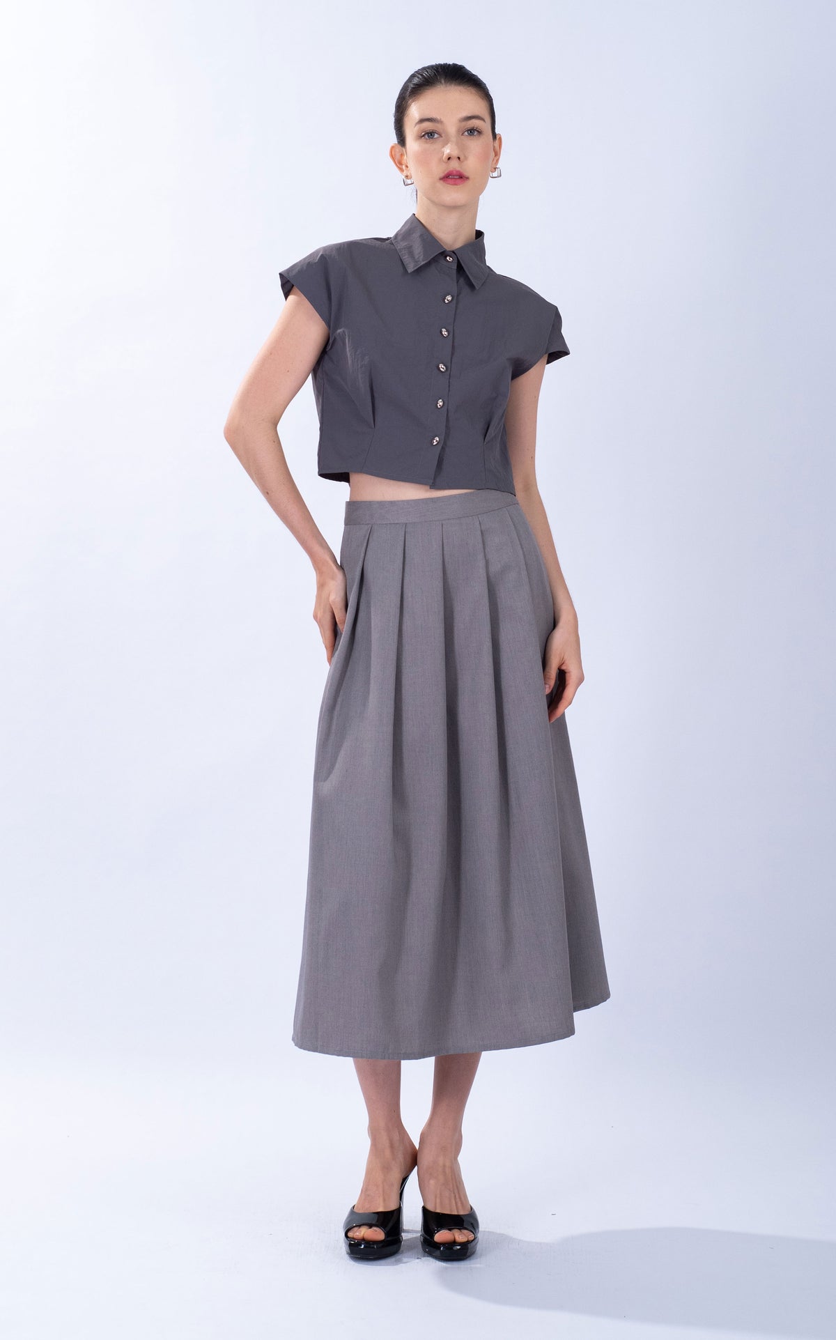 Pleated Cotton Midi Skirt