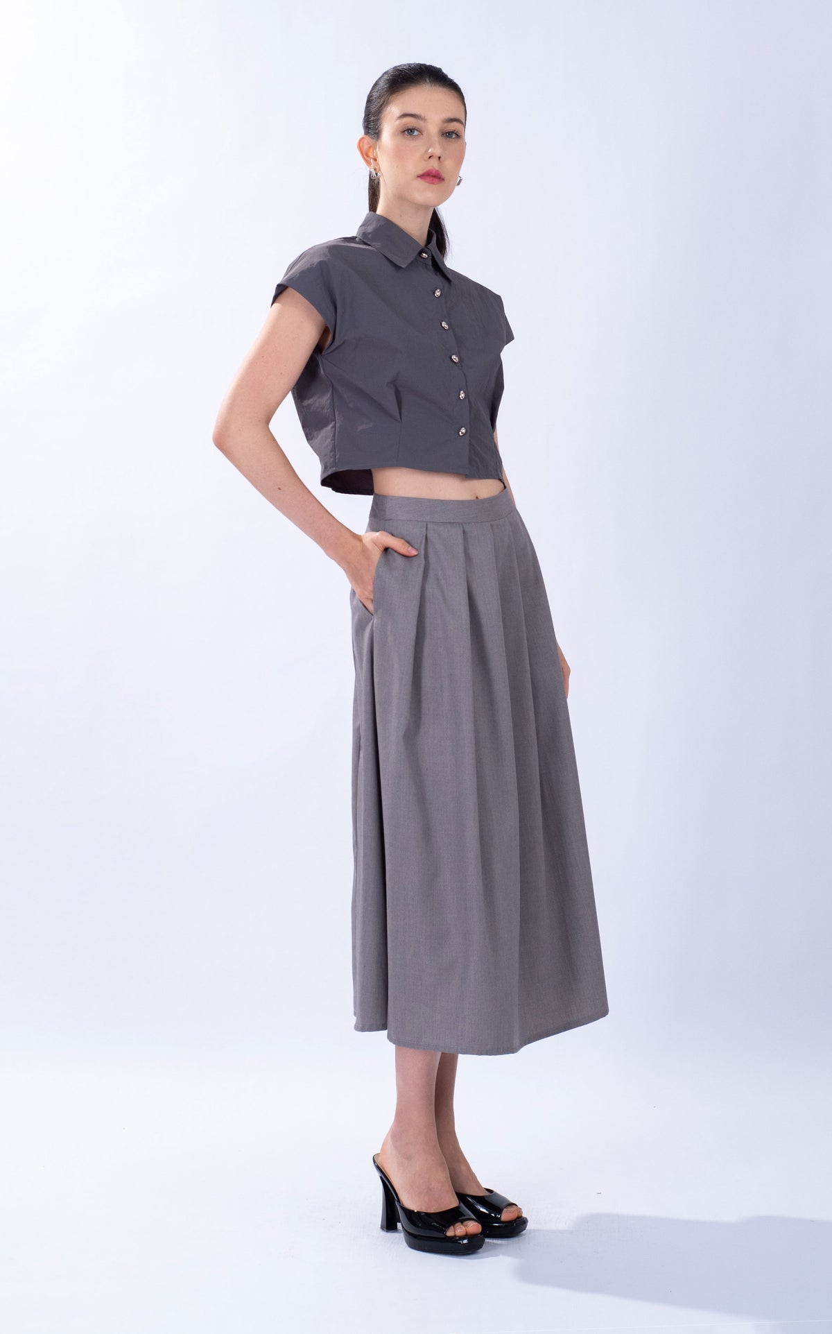 Pleated Cotton Midi Skirt