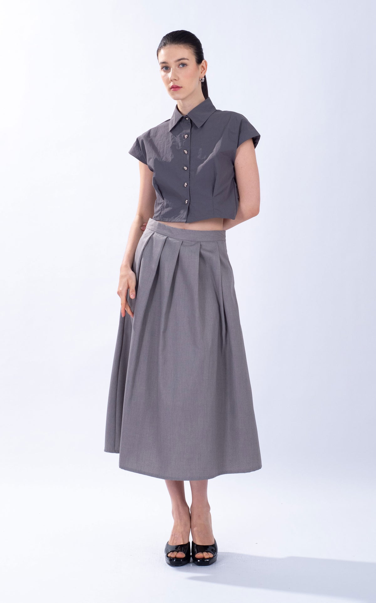 Pleated Cotton Midi Skirt