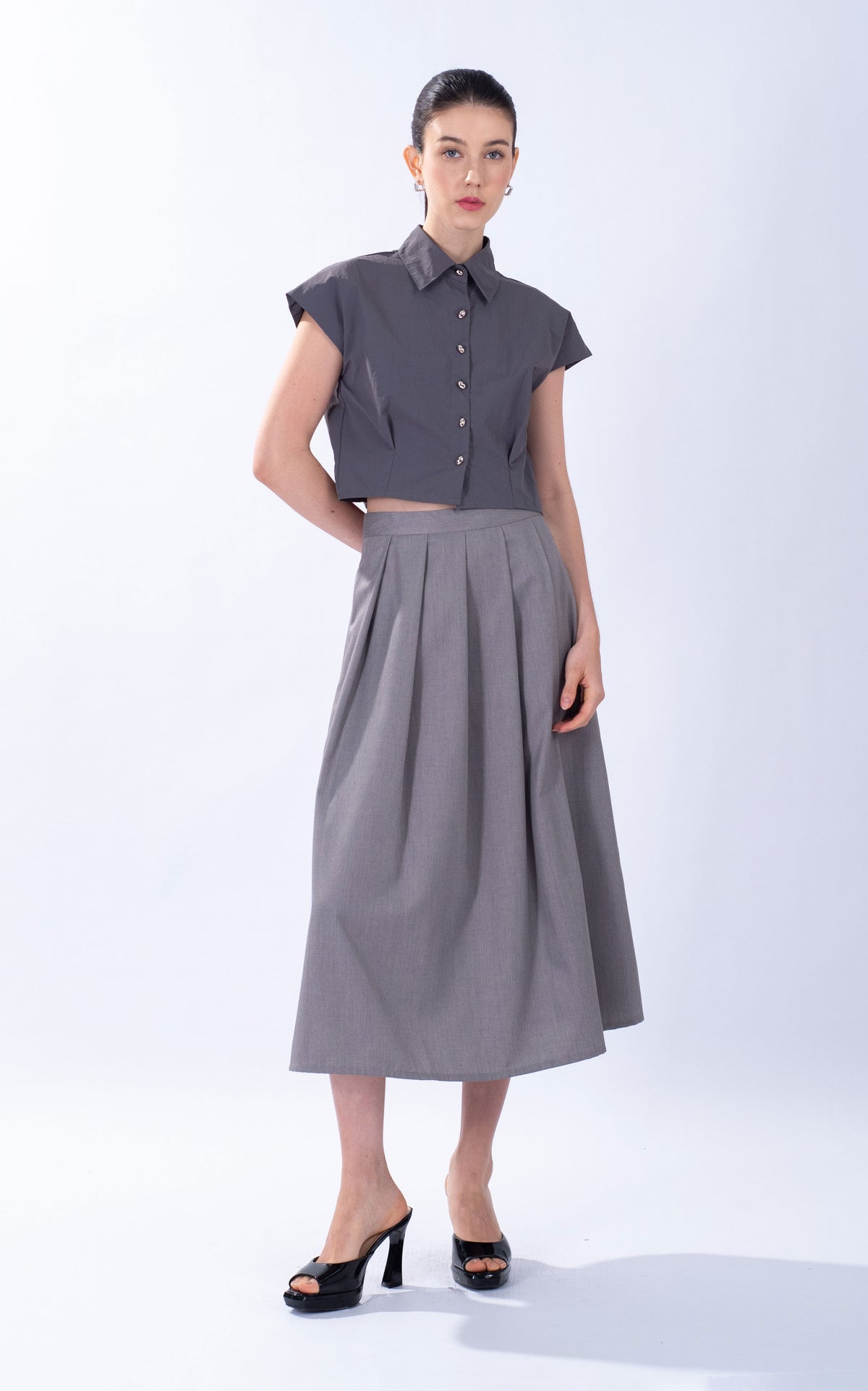 Pleated Cotton Midi Skirt