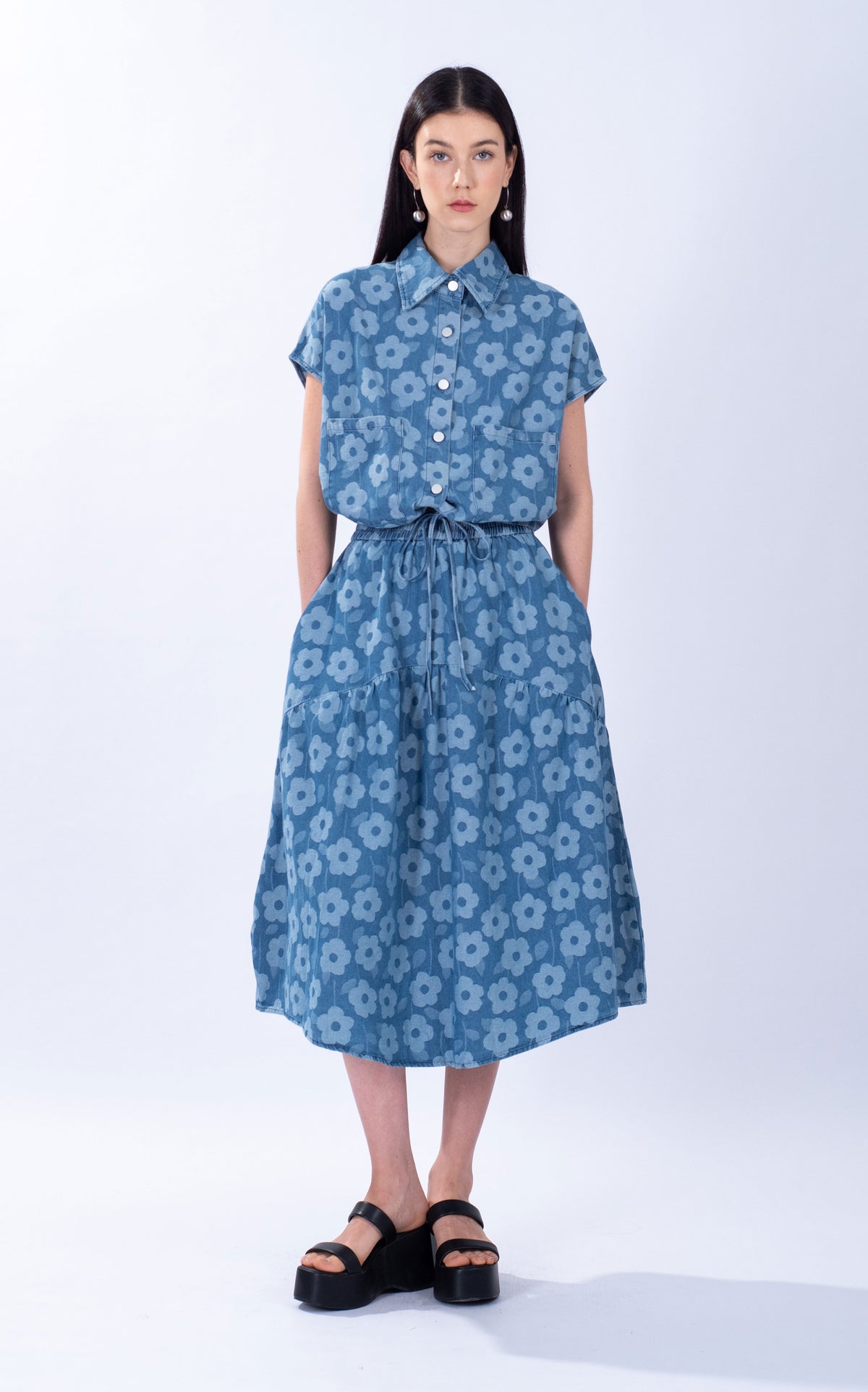 Denim Floral Print Yoke Skirt