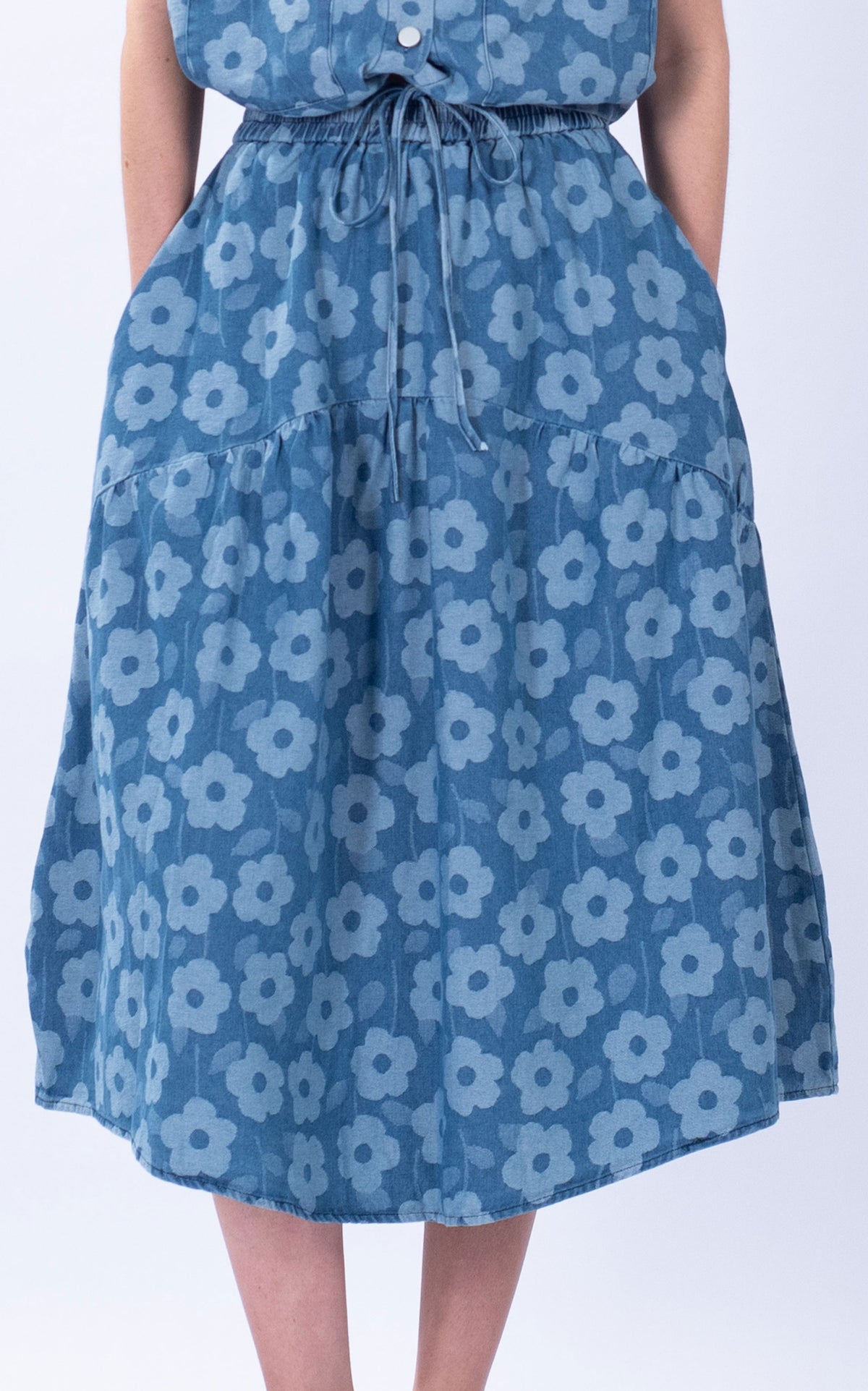 Denim Floral Print Yoke Skirt