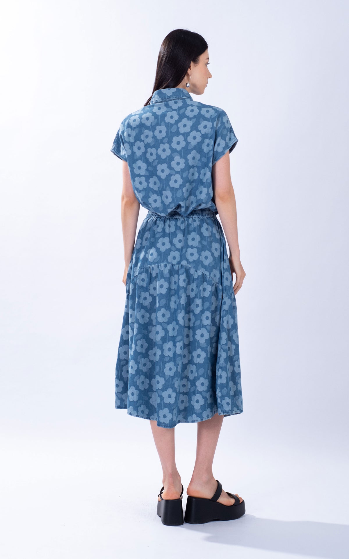 Denim Floral Print Yoke Skirt