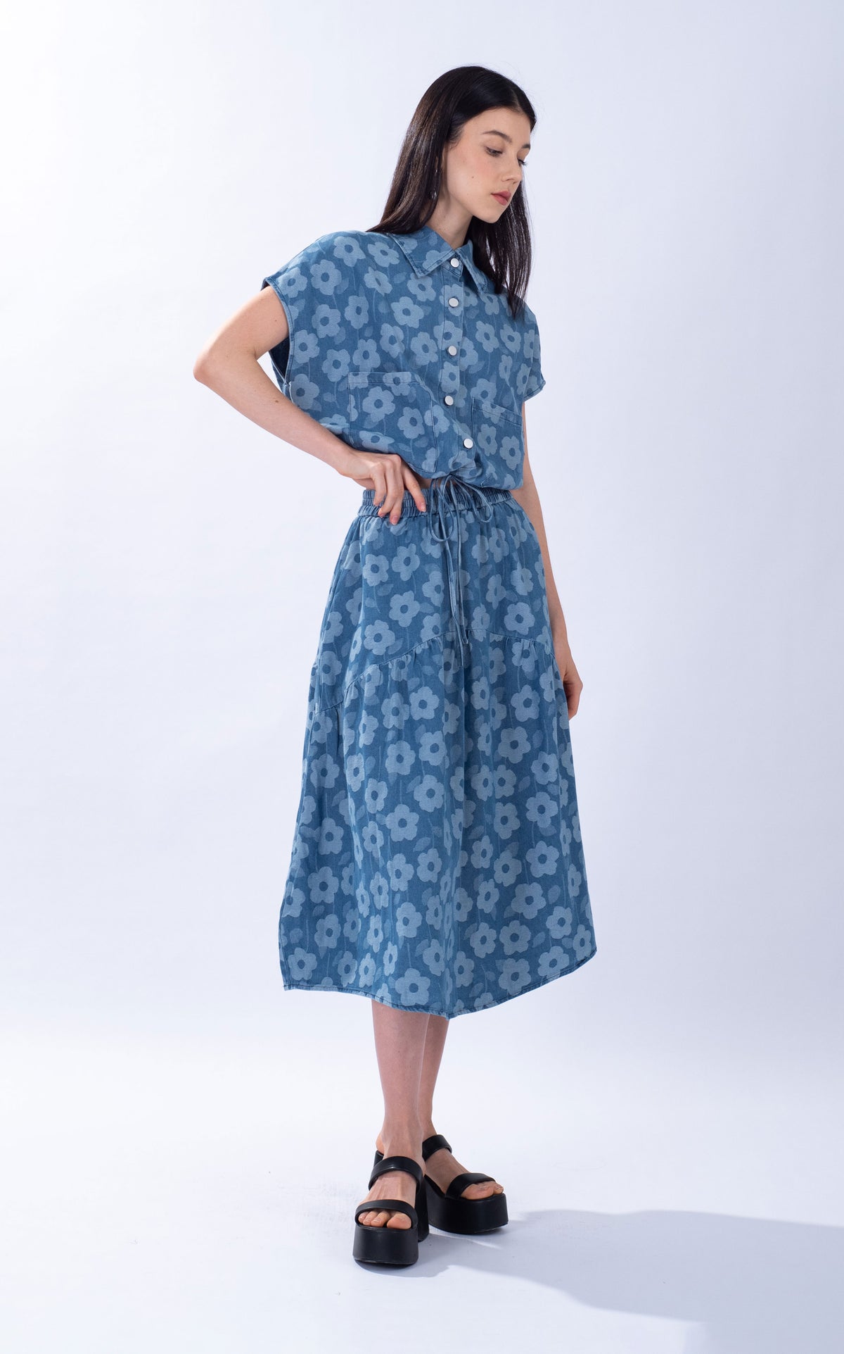 Denim Floral Print Yoke Skirt