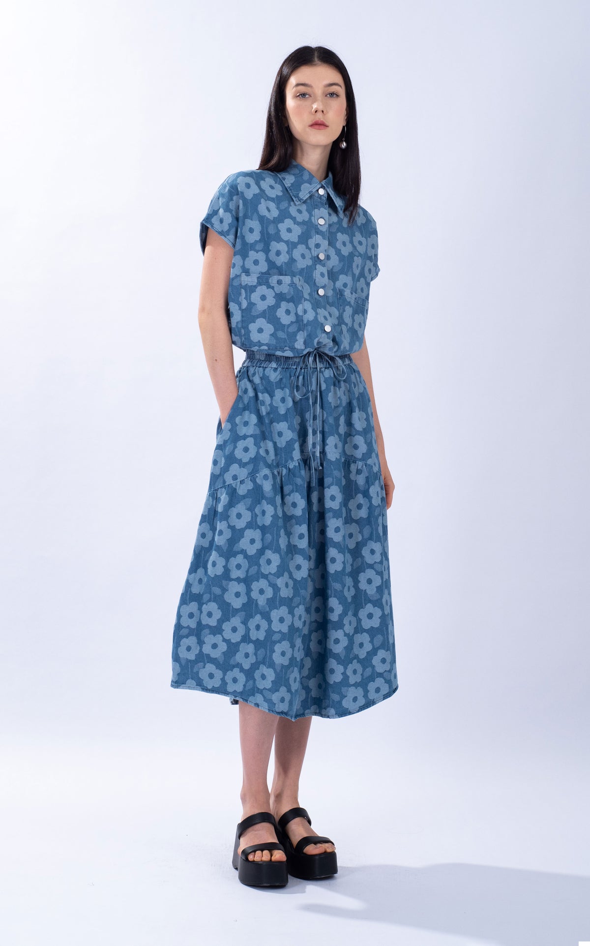 Denim Floral Print Yoke Skirt