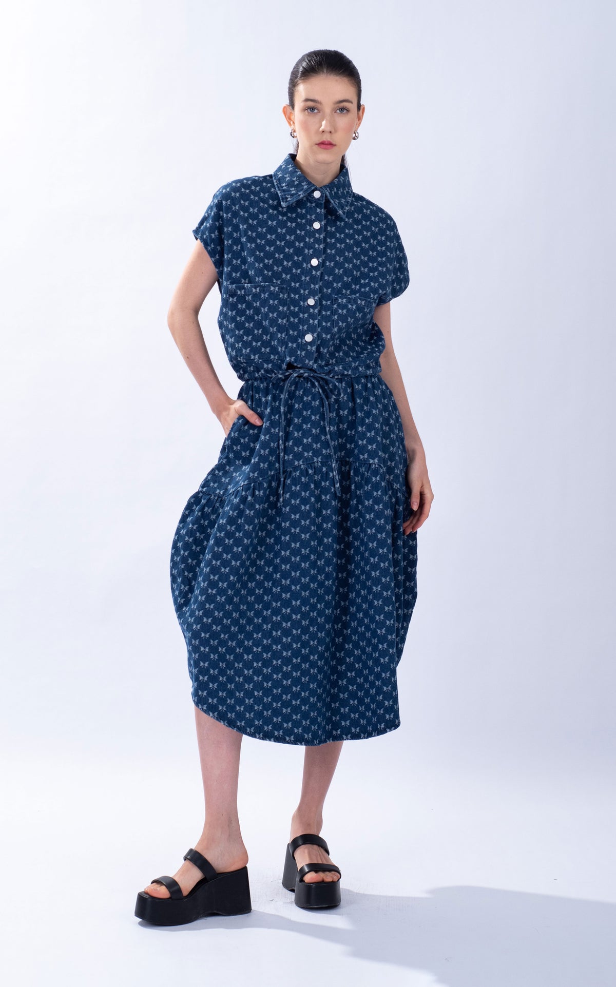 Denim Ribbon Print Yoke Skirt