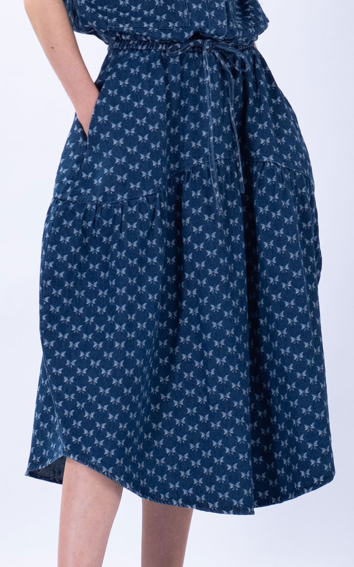 Denim Ribbon Print Yoke Skirt