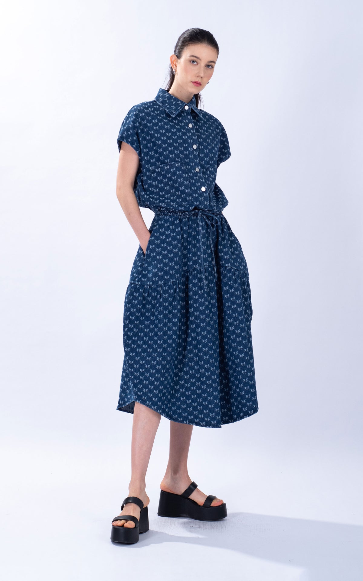 Denim Ribbon Print Yoke Skirt