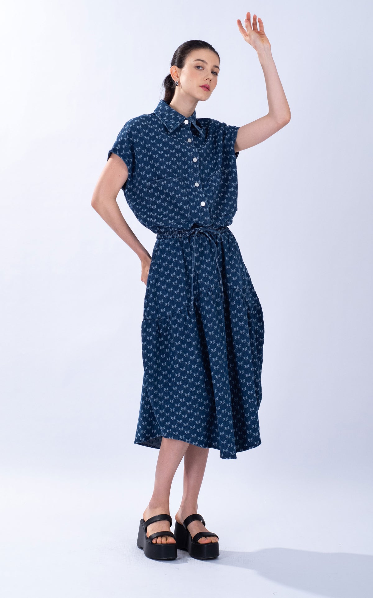 Denim Ribbon Print Yoke Skirt