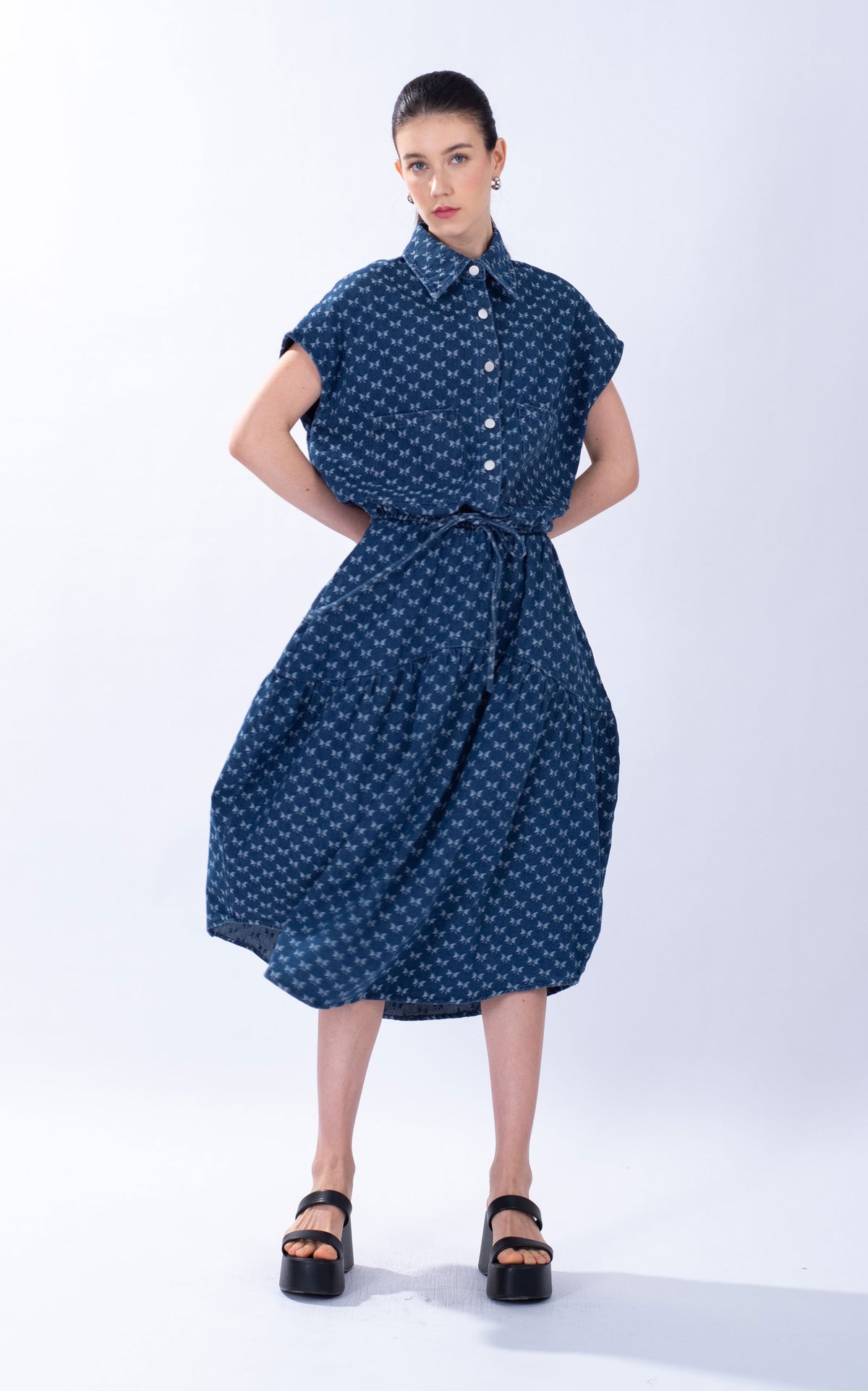 Denim Ribbon Print Yoke Skirt