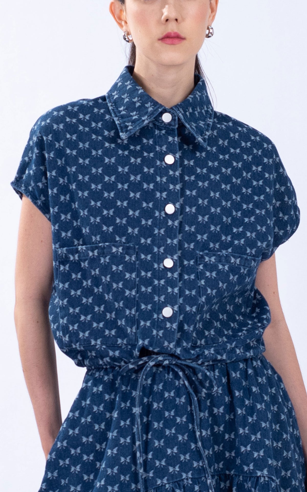 Denim Ribbon Print Drawstring Top