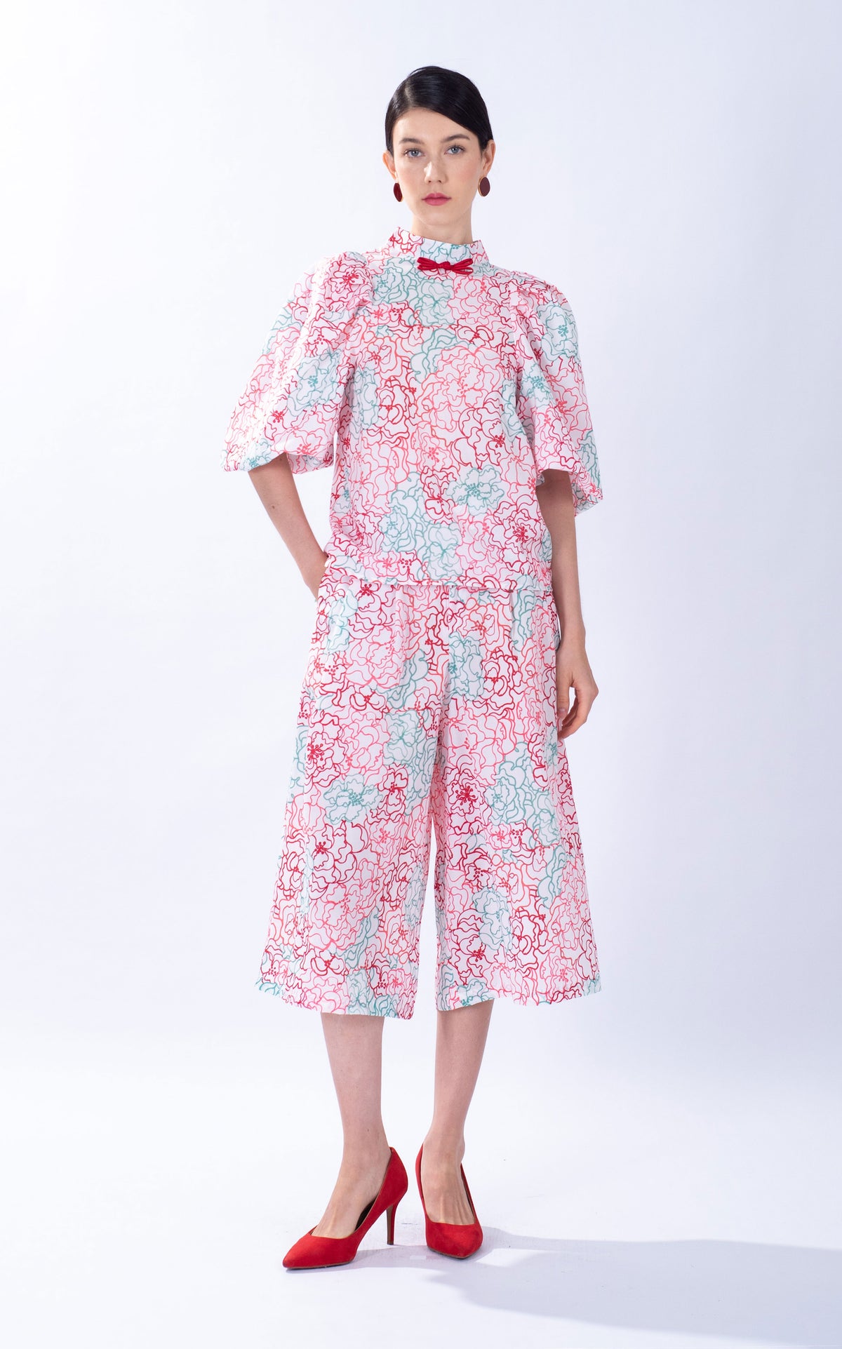 Peony Puff Sleeve Cotton Cheongsam Top