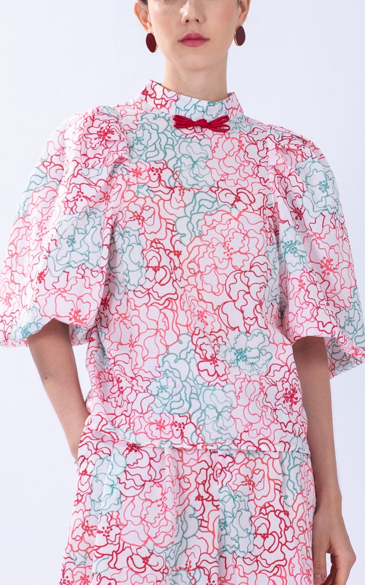 Peony Puff Sleeve Cotton Cheongsam Top