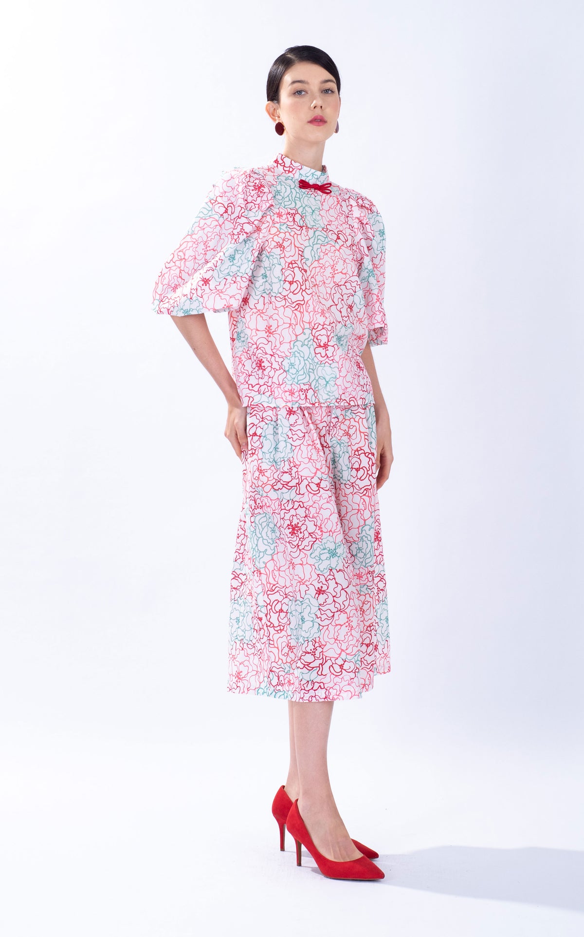 Peony Puff Sleeve Cotton Cheongsam Top