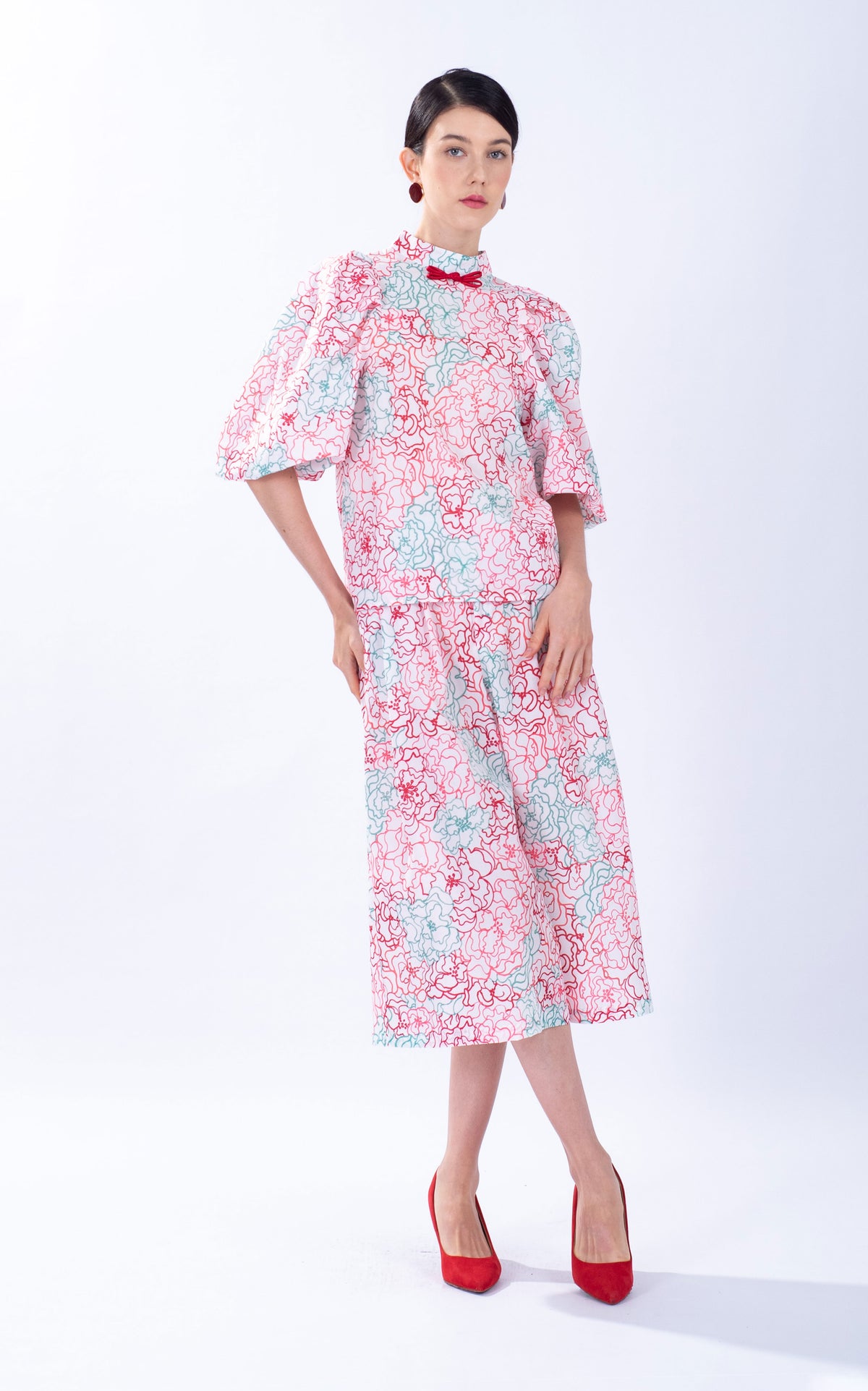 Peony Puff Sleeve Cotton Cheongsam Top