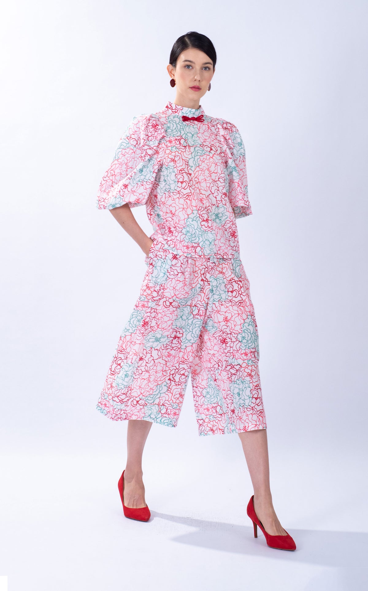 Peony Puff Sleeve Cotton Cheongsam Top