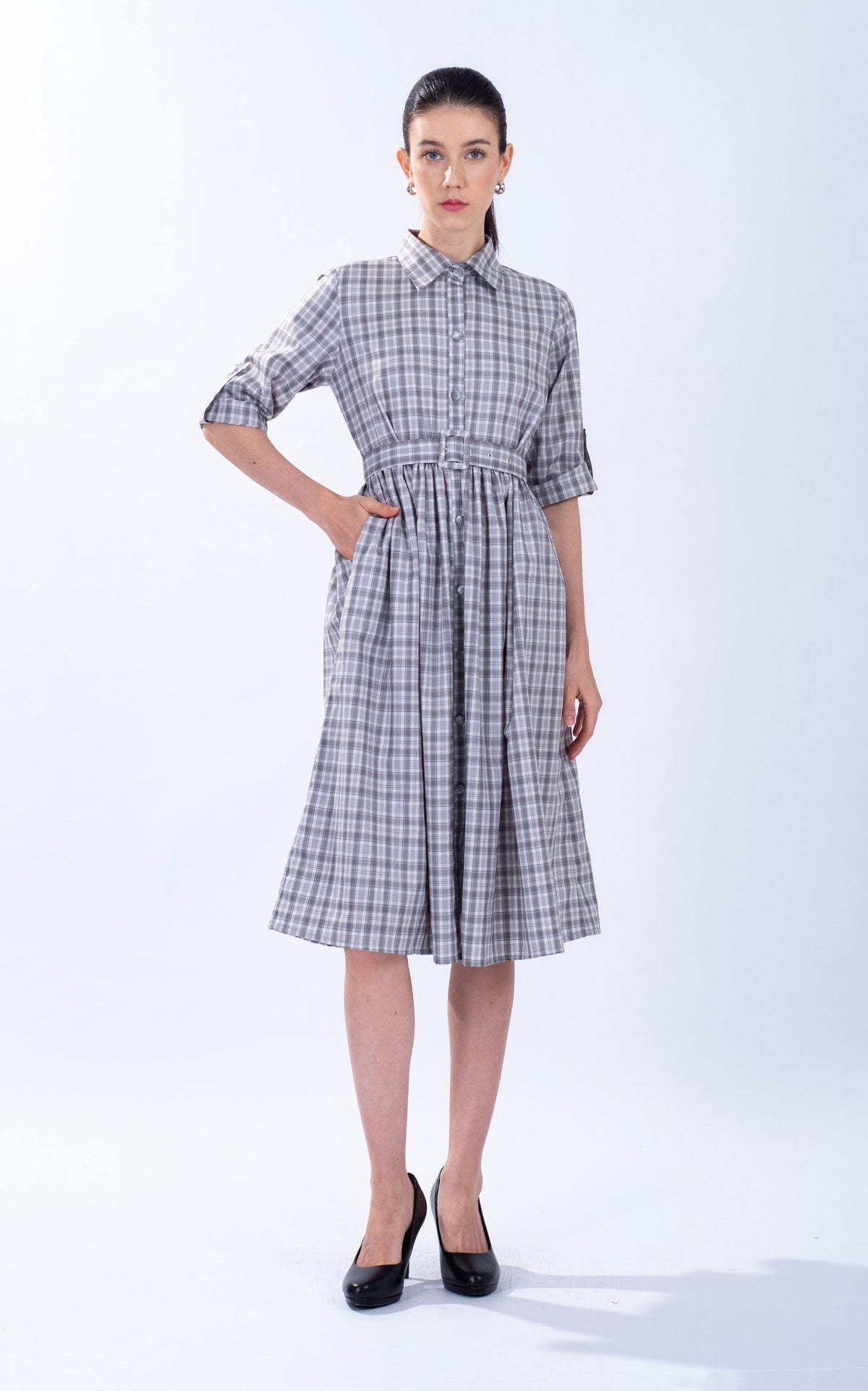 Belted Checked Cotton Shirt Dress