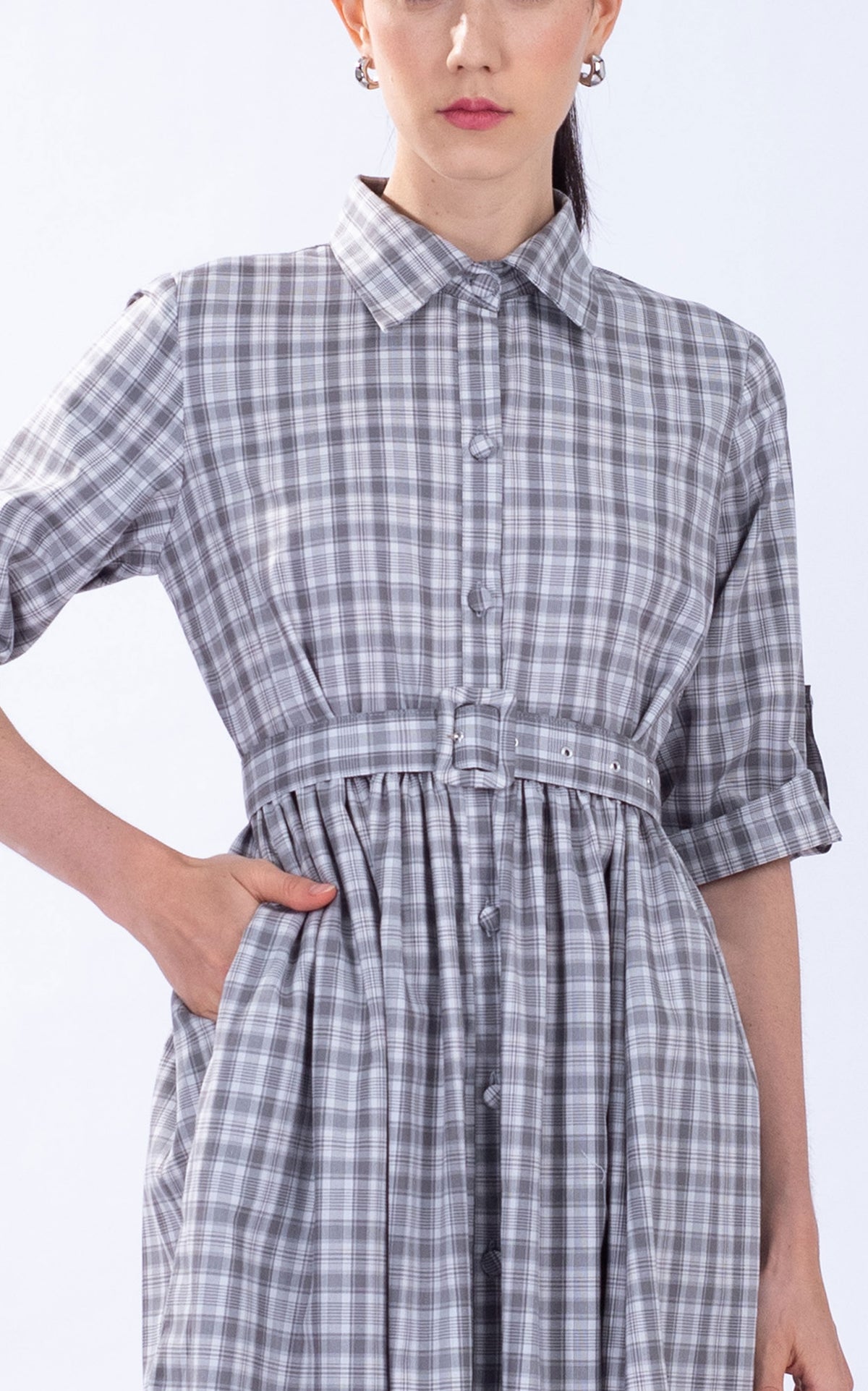 Belted Checked Cotton Shirt Dress