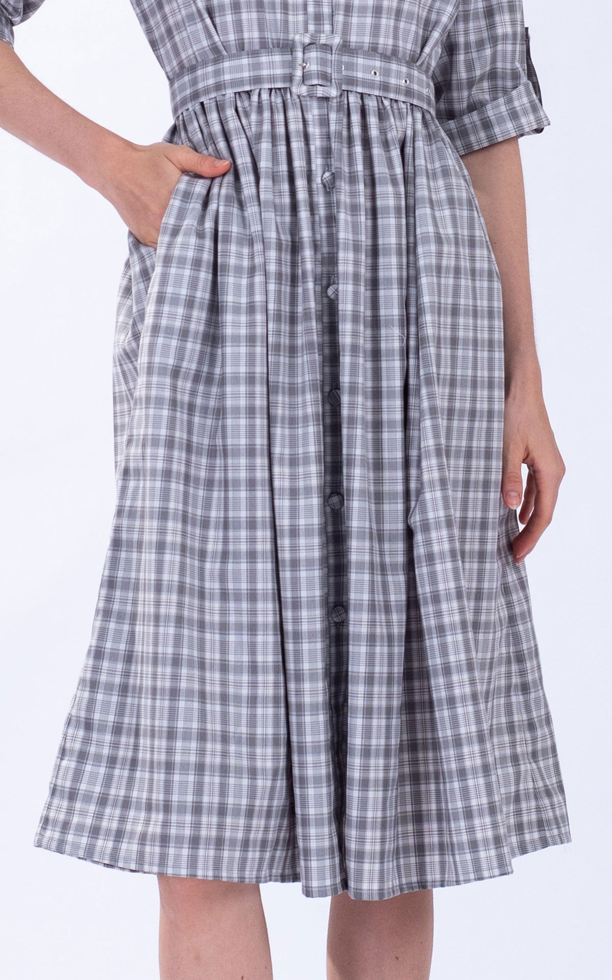 Belted Checked Cotton Shirt Dress