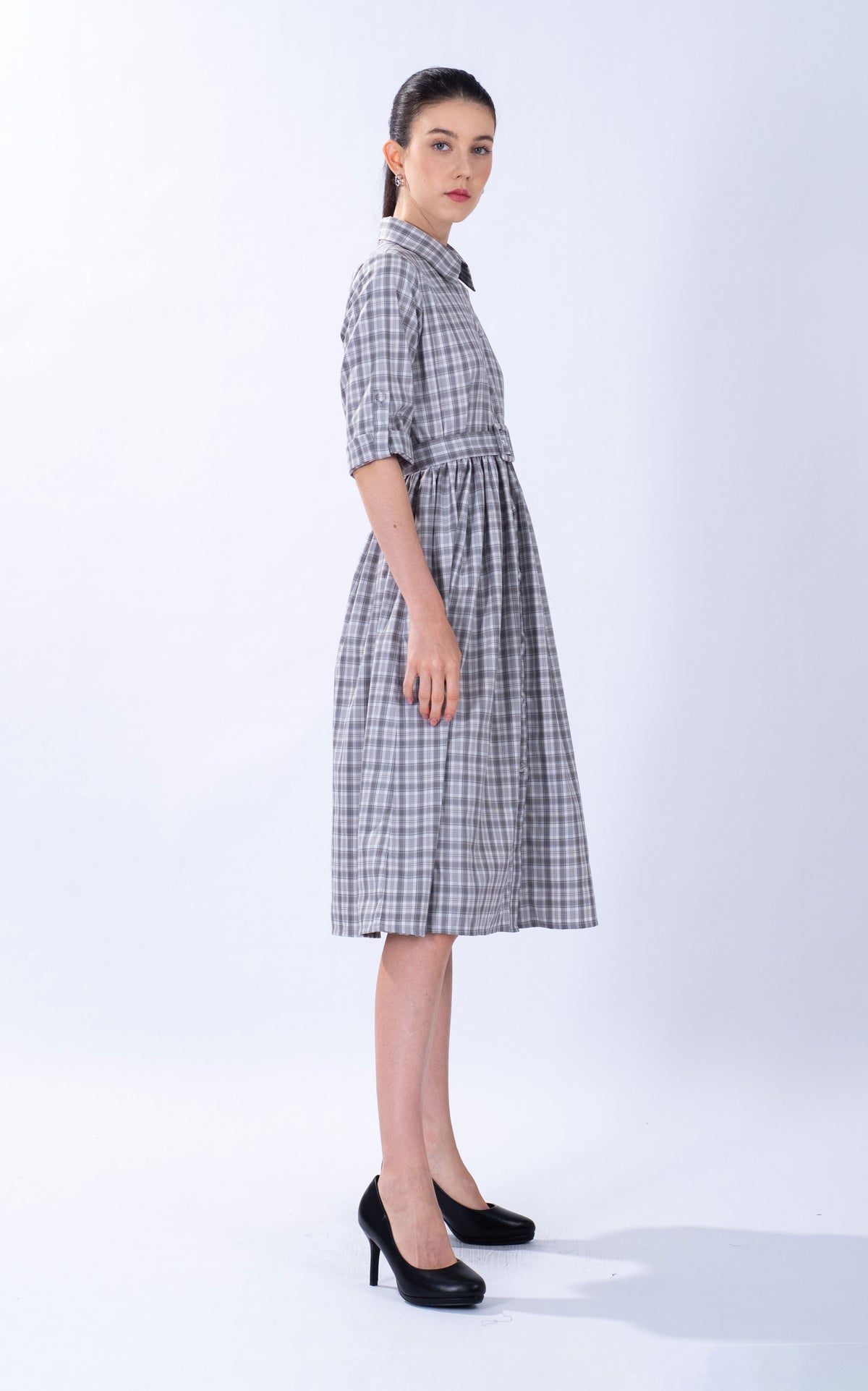 Belted Checked Cotton Shirt Dress