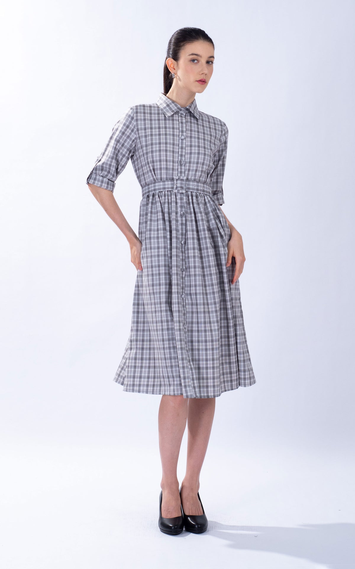 Belted Checked Cotton Shirt Dress