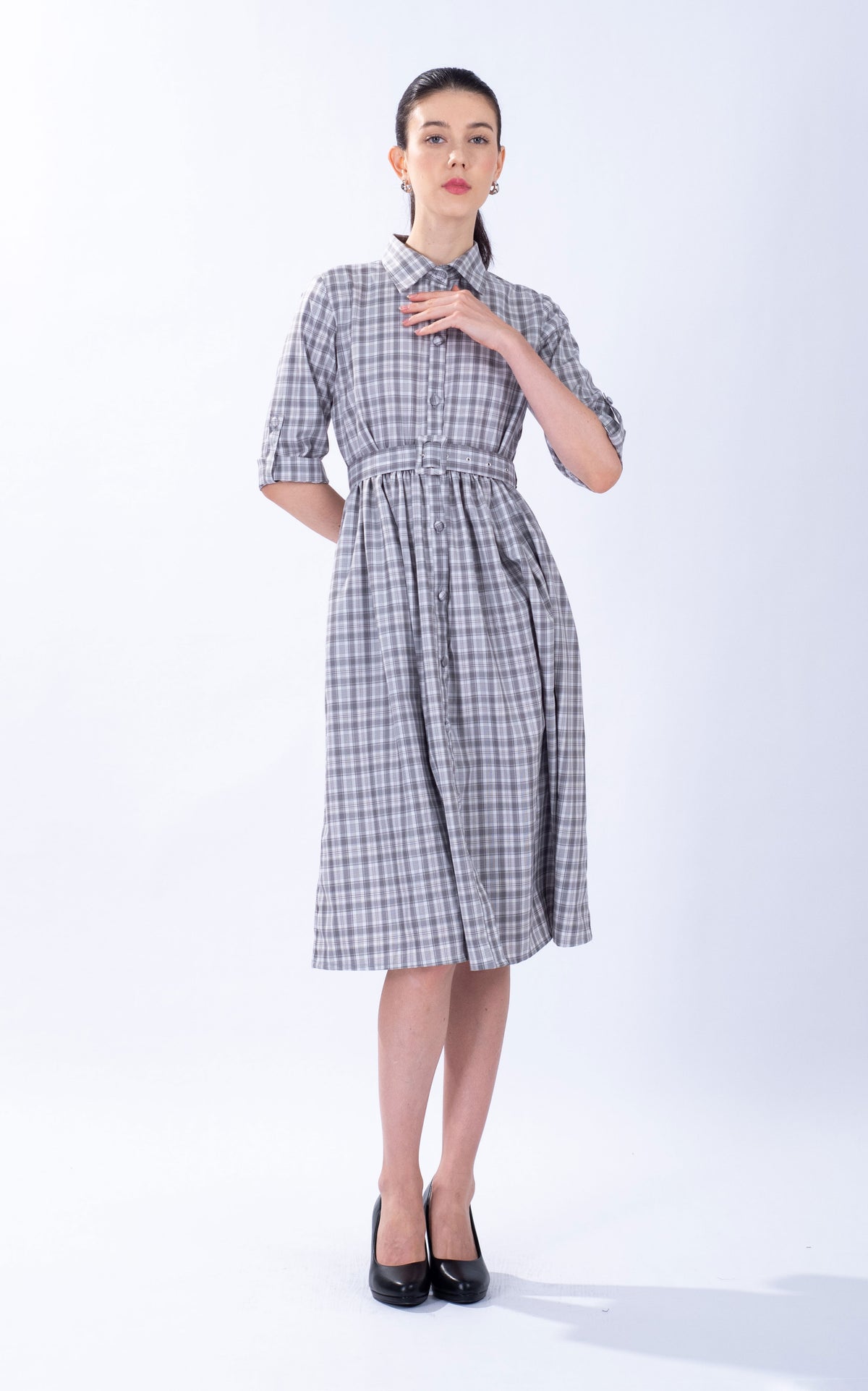 Belted Checked Cotton Shirt Dress