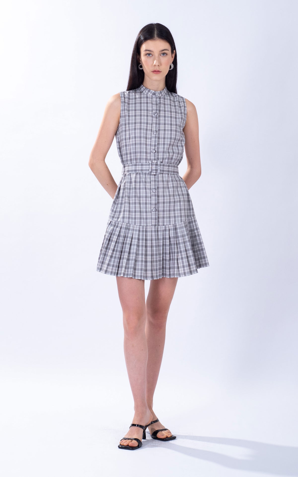 Pleated Hem Checked Cotton Mini Dress