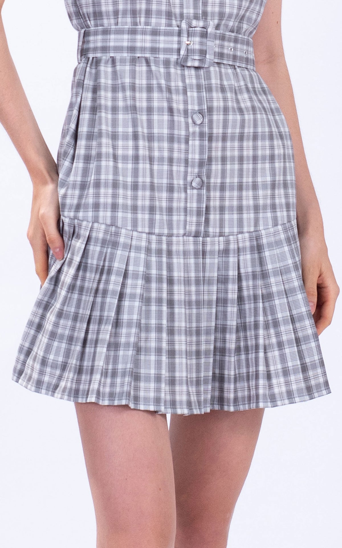 Pleated Hem Checked Cotton Mini Dress