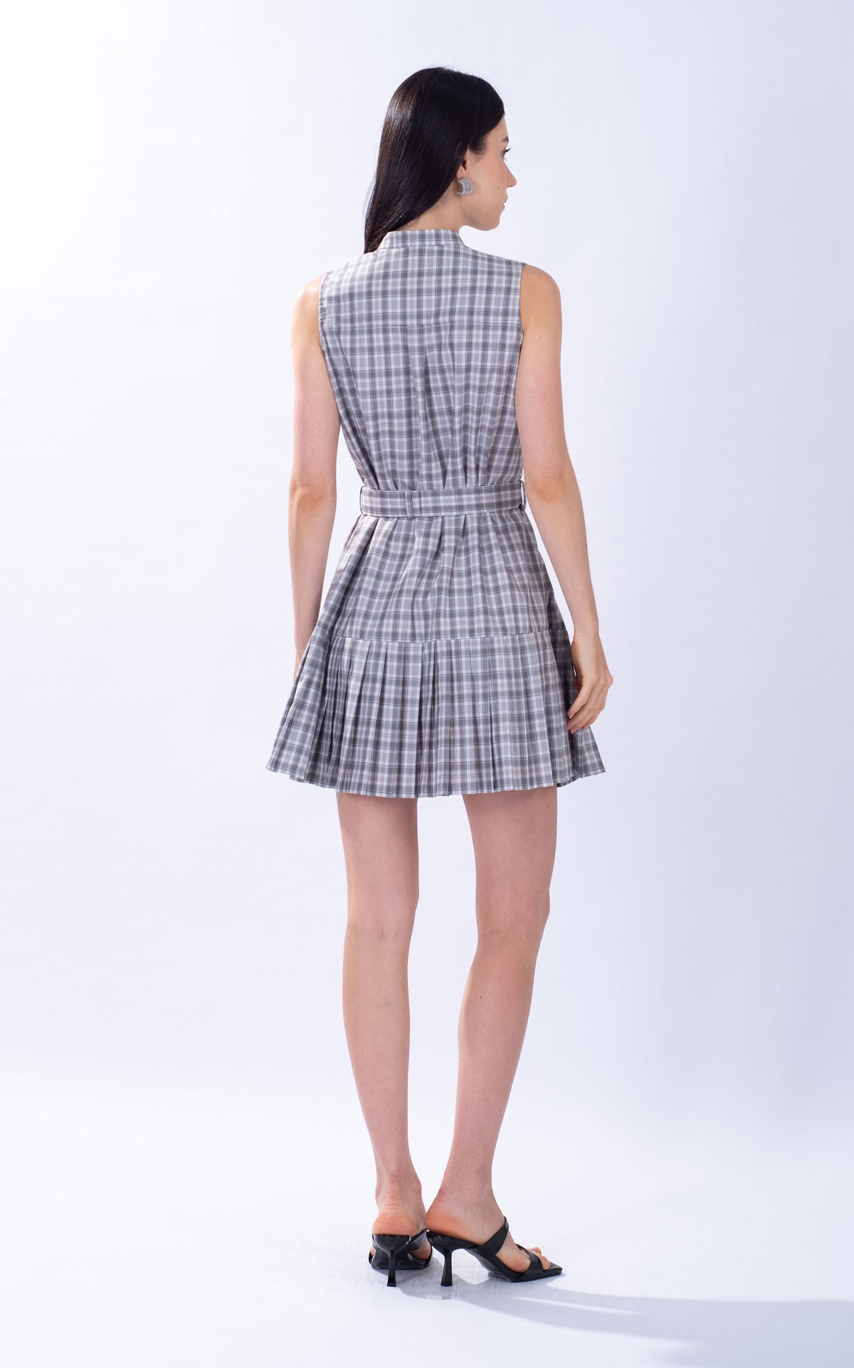 Pleated Hem Checked Cotton Mini Dress