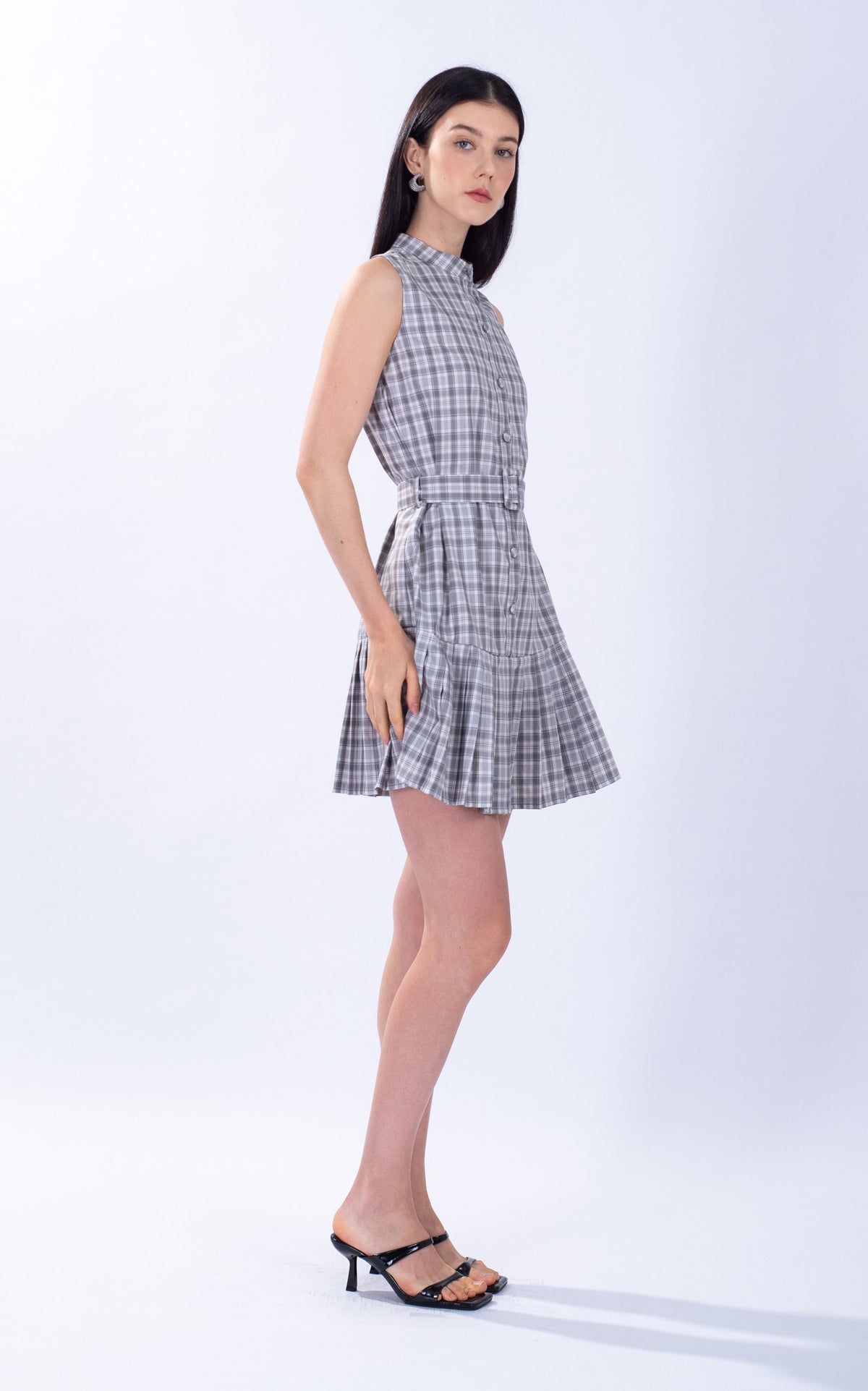 Pleated Hem Checked Cotton Mini Dress