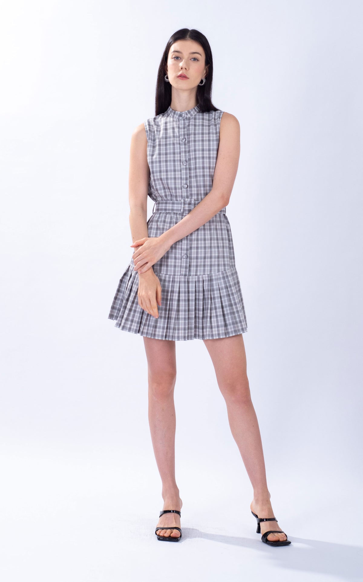 Pleated Hem Checked Cotton Mini Dress