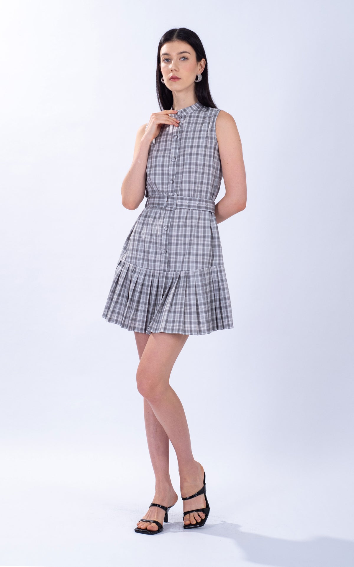 Pleated Hem Checked Cotton Mini Dress