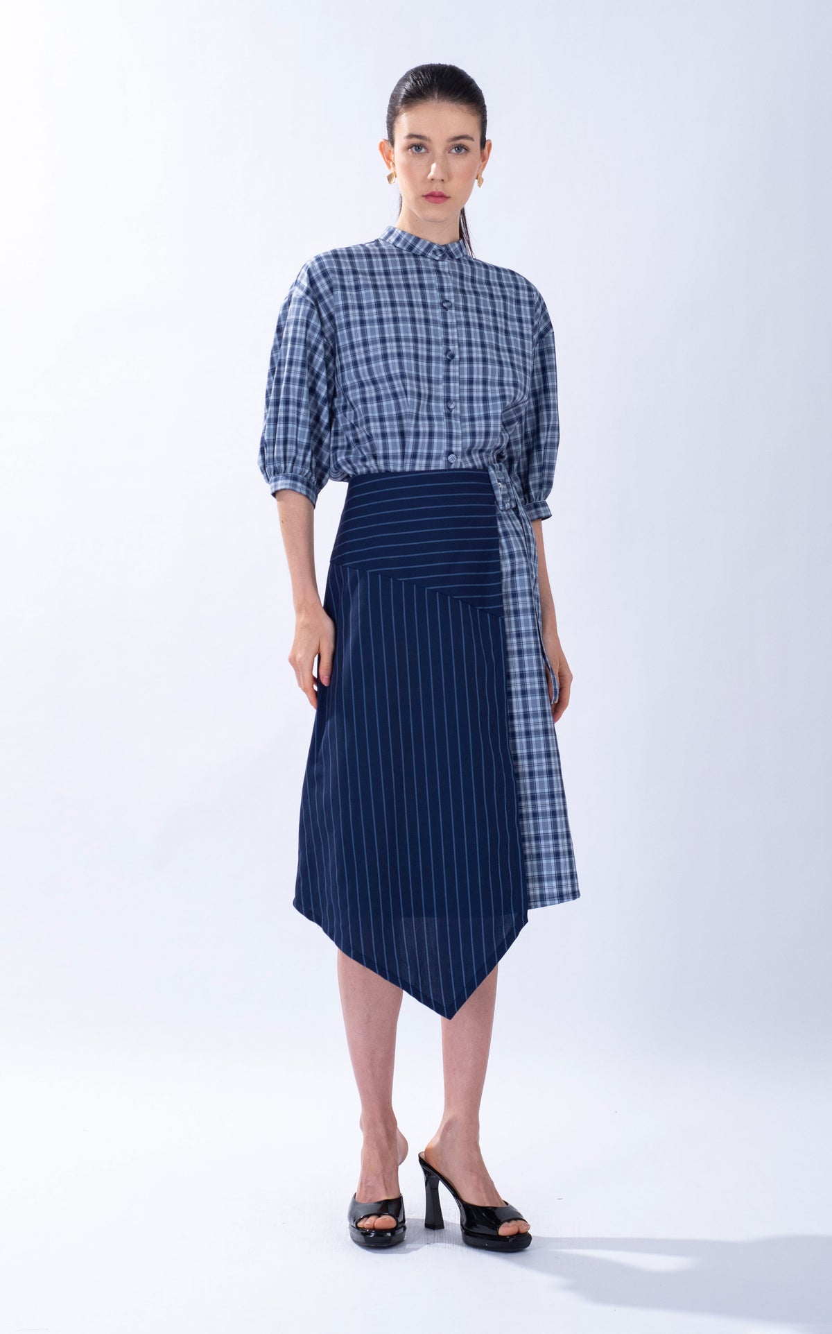 Striped Checked Cotton Wrap Skirt