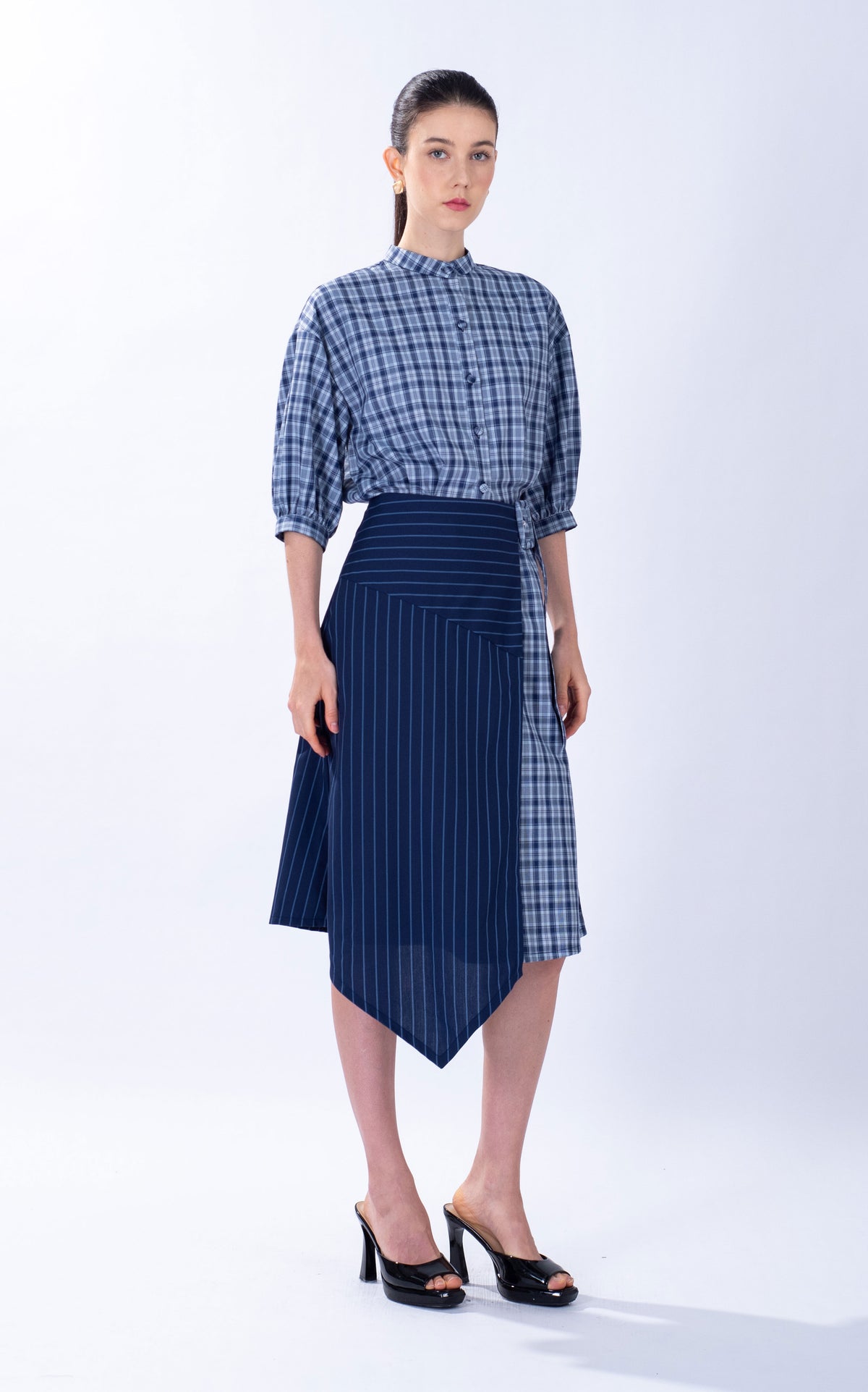 Striped Checked Cotton Wrap Skirt