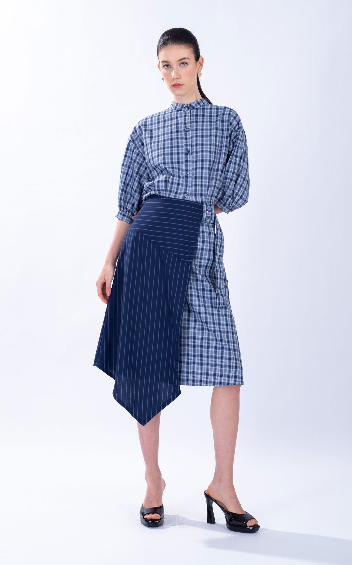 Striped Checked Cotton Wrap Skirt