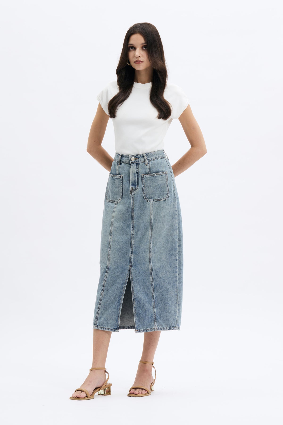 Washed Tone Denim Midi Skirt