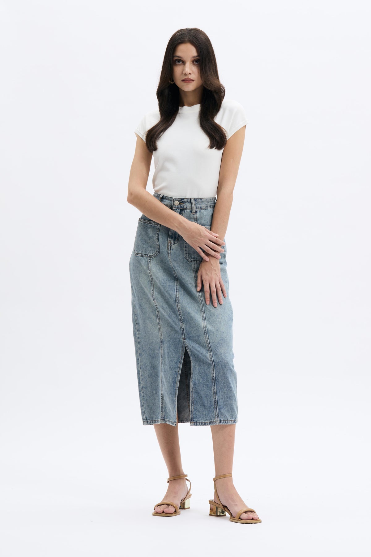 Washed Tone Denim Midi Skirt
