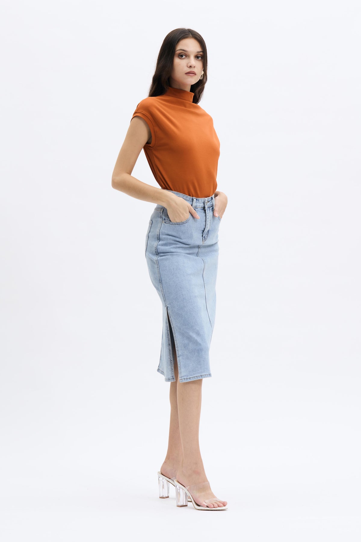 Side Slit Denim Pencil Skirt