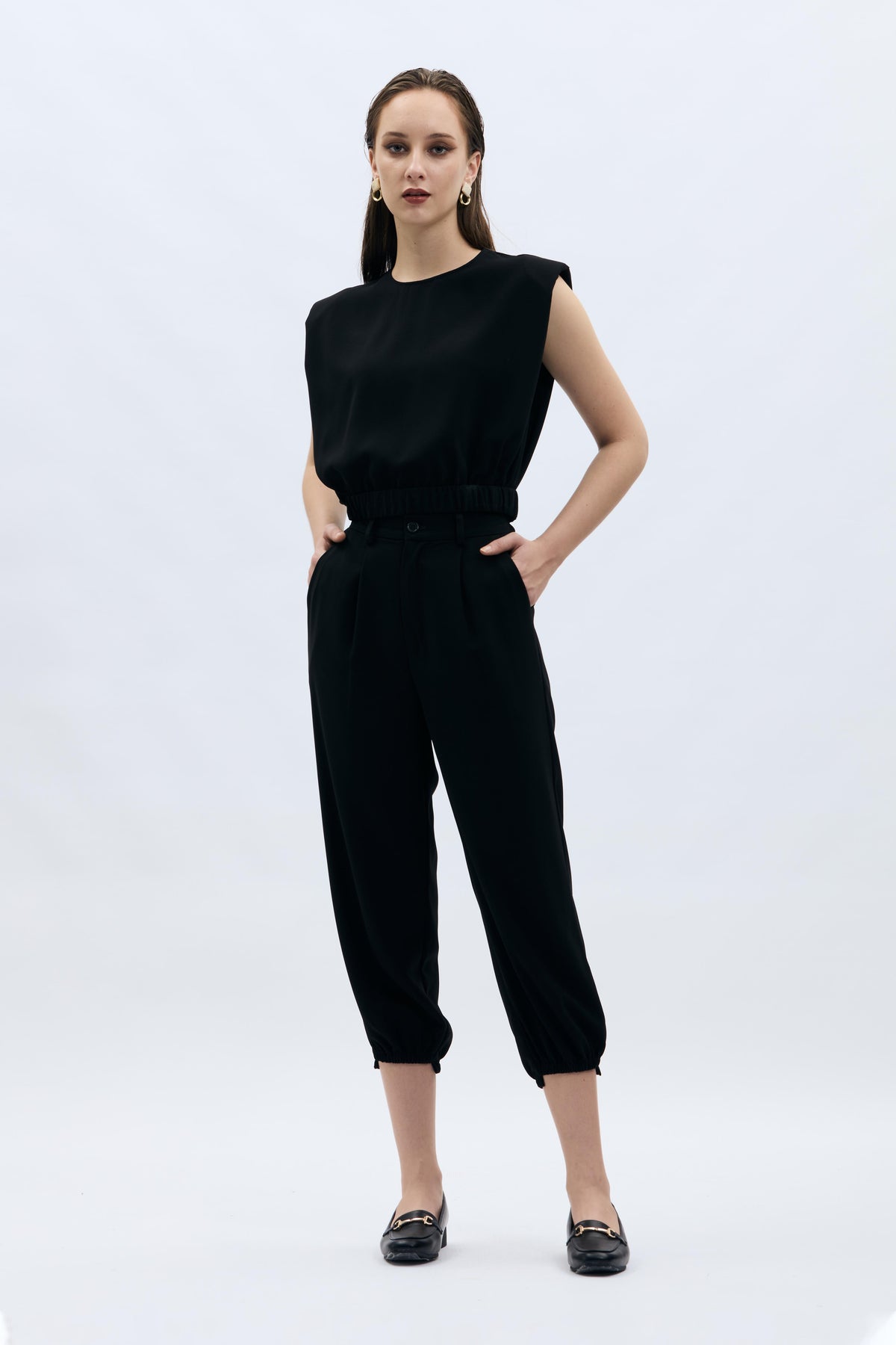 Black Shoulder Padded Crop Top
